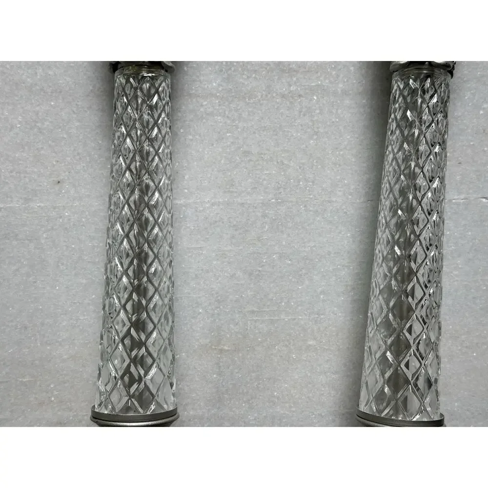 Vtg Diamond Cut Crystal Pair Lamps Brand Loevsky & Loevsky Pewter Color